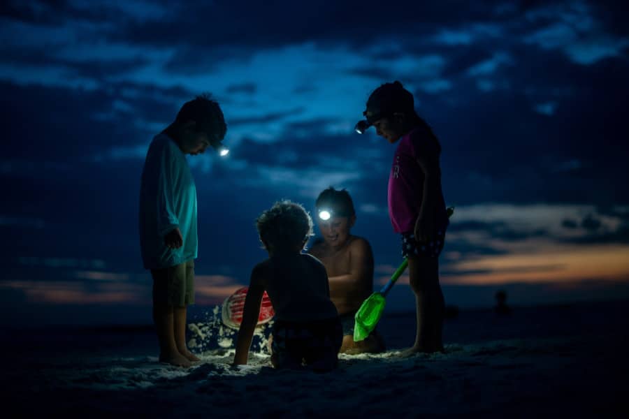 Des enfants faisant de la pêche à pied nocturne