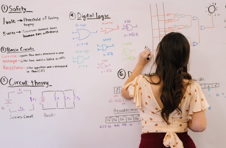 Une femme faisant des calculs scientifiques sur un tableau blanc